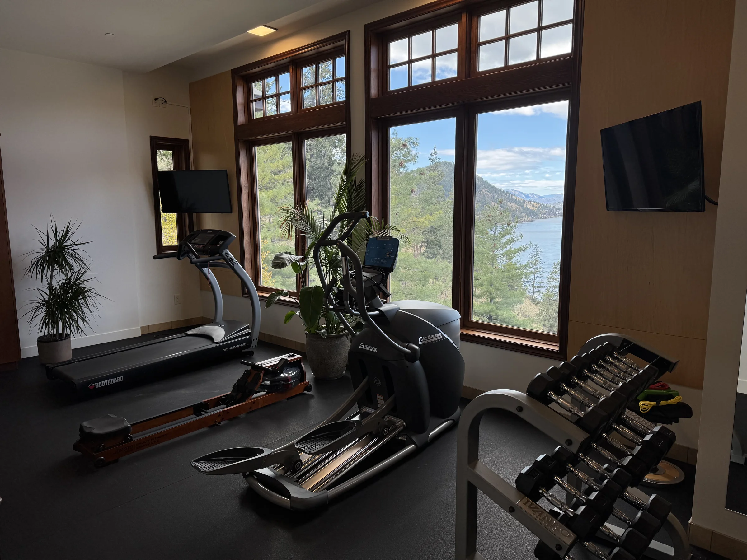 Full equipment fitness room with lake views